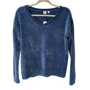 Gap V-Neck Sweater XS Blue Chenille‎ Womens Soft Cozy Lightweight Knit NWT
